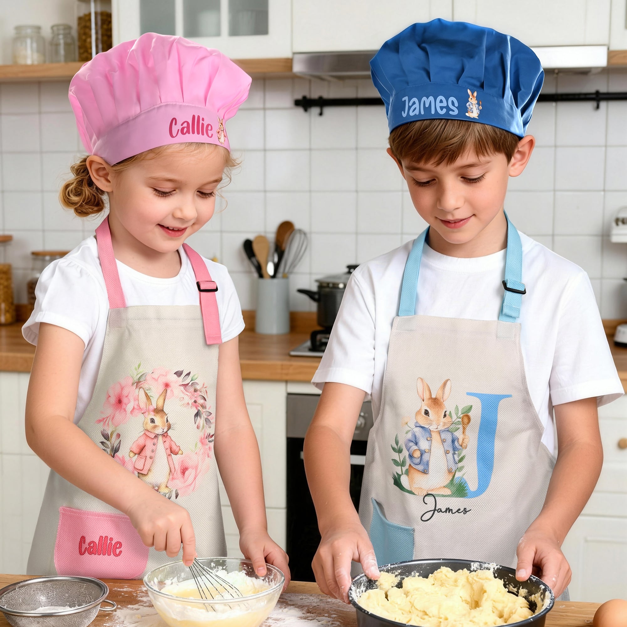 Guirnalda personalizada Lindo nombre de Peter Rabbit Delantal para niños Set de gorro de chef con bolsa de almacenamiento y bolsillo frontal Horneado Pascua Día del Niño Regalo para niños