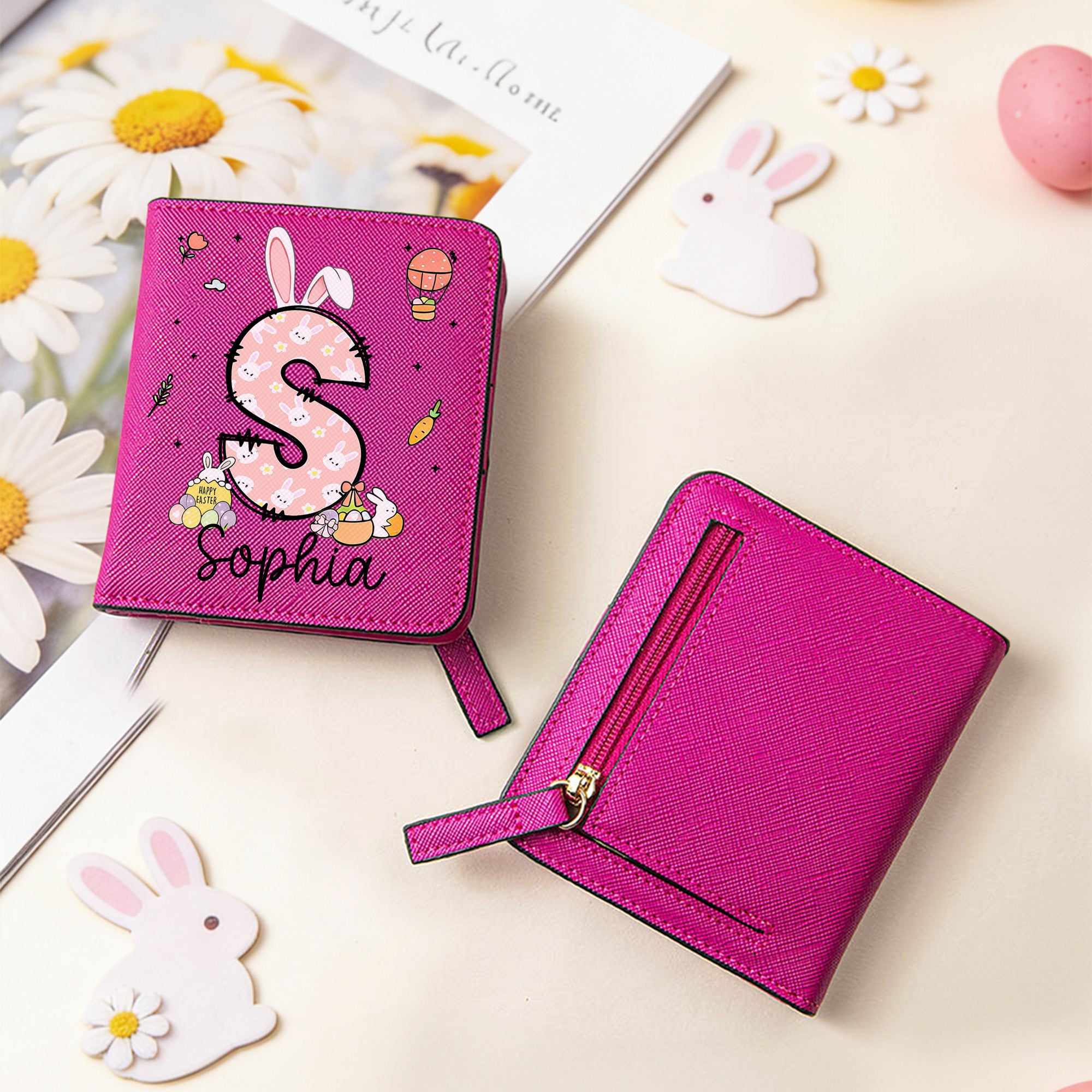 Conejito de Pascua personalizado Orejas Inicial PU Cartera de cuero con nombre de Pascua de regalo para las niñas