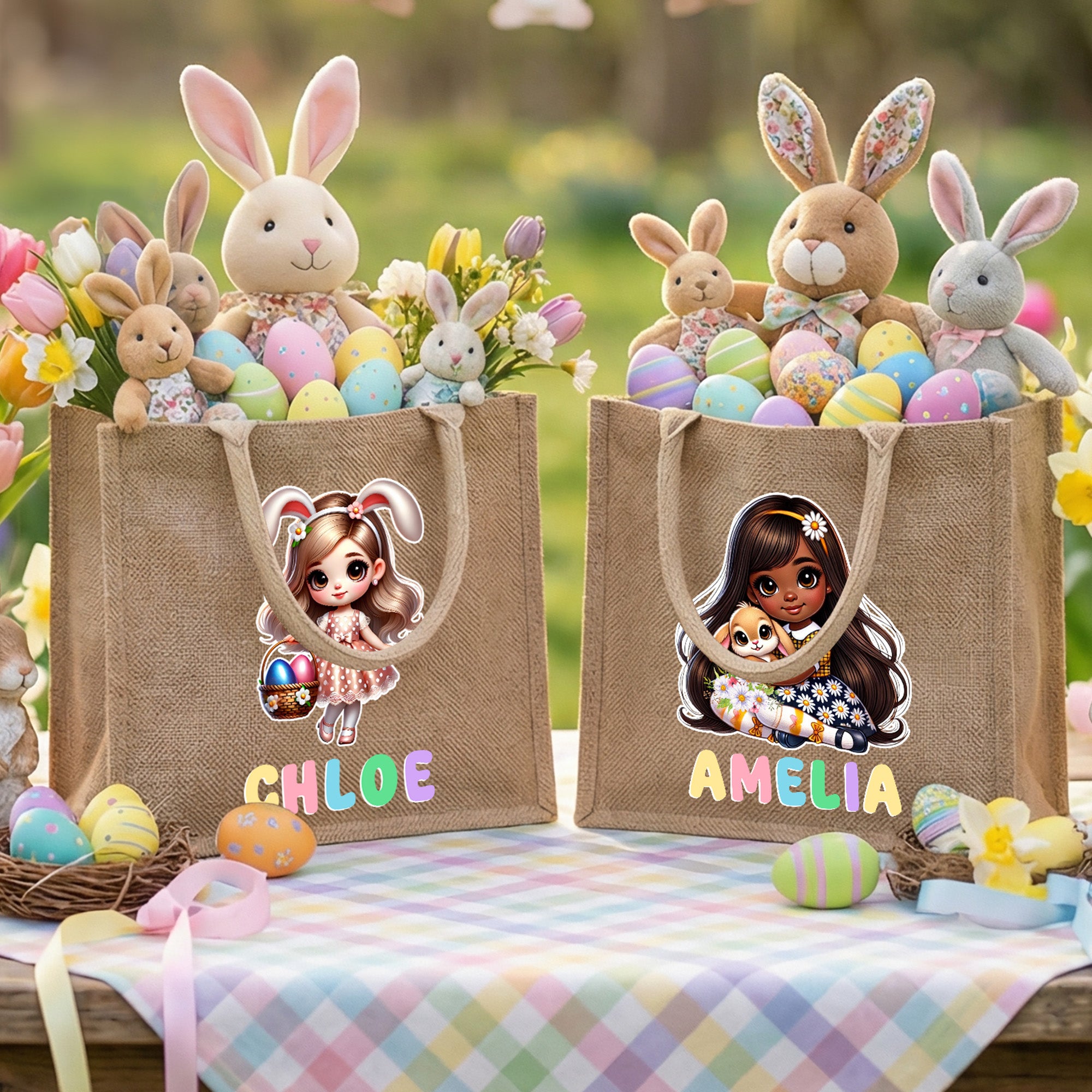 Bolsa de yute de gran capacidad personalizada con nombre de conejita de dibujos animados para niñas Regalo de Pascua feliz para niñas
