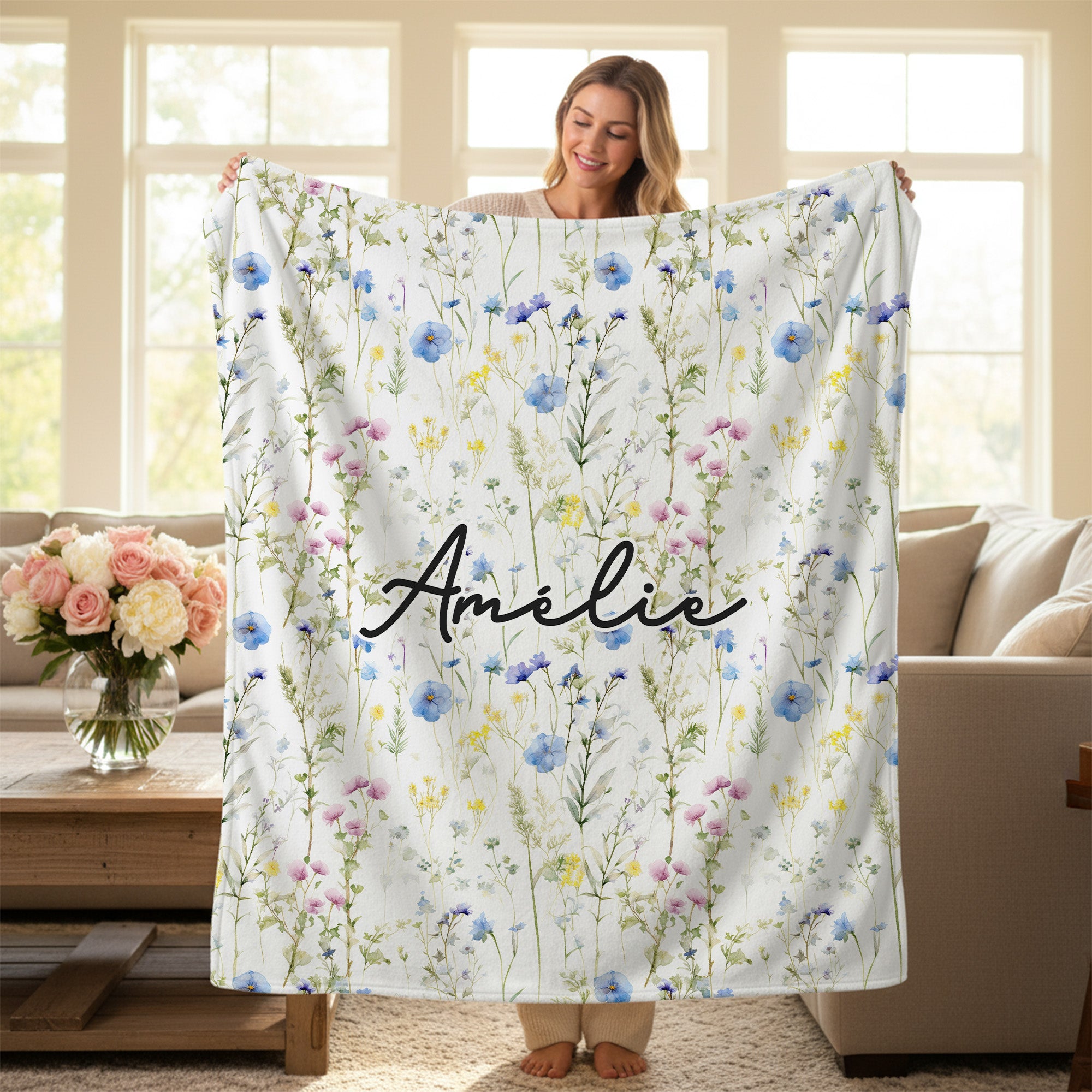 Acuarela personalizada Wildflower Suave manta con nombre Decoración del hogar Cumpleaños Regalo de Navidad para las mujeres