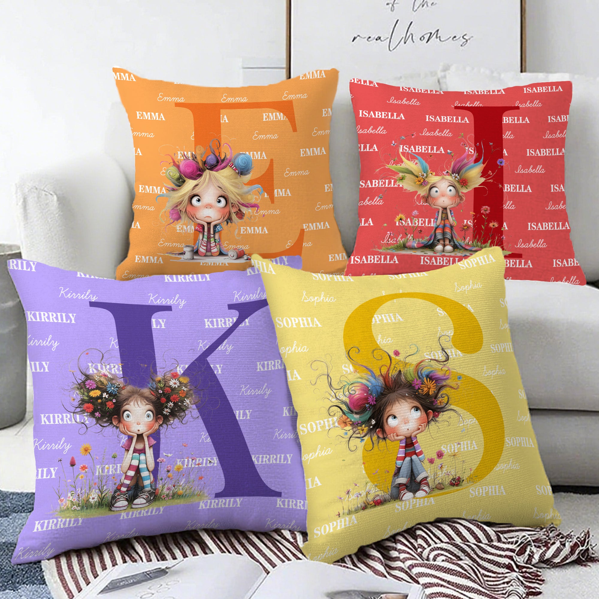 Personalizado Multicolor Cute Cartoon Quirky Girl Soft Throw Pillow Cover with Name and Initial Home Decor Birthday Children's Day Gift for Girls