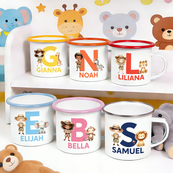 Taza esmaltada personalizada de dibujos animados Safari Kid Character Animal Initial 12 oz con nombre Uso diario Regalo de cumpleaños para niños Niñas