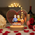 Personalizada Cartoon Couple Character Heart-Shaped Nombre LED Luz de Noche con Base de Madera Decoración del Hogar Día de San Valentín Aniversario Regalo para Pareja