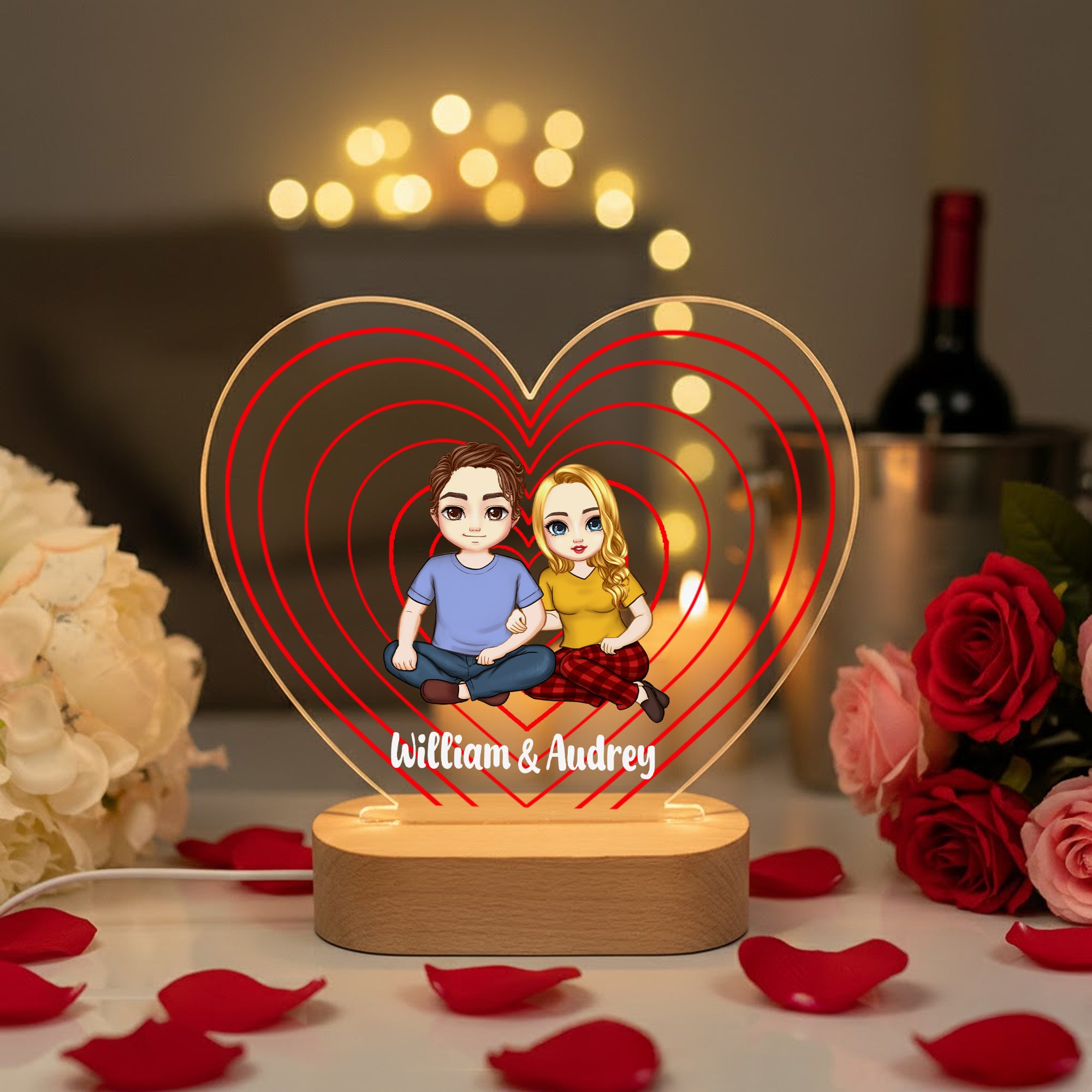 Personalizada Cartoon Couple Character Heart-Shaped Nombre LED Luz de Noche con Base de Madera Decoración del Hogar Día de San Valentín Aniversario Regalo para Pareja