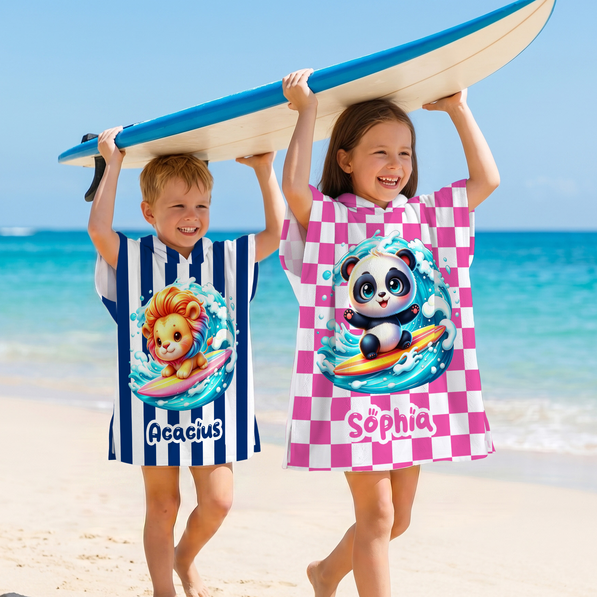 Toalla de playa de secado rápido con capucha y nombre Personalizada Animales Surfistas de dibujos animados Fiesta en la piscina Regalo de cumpleaños para niños Niños Niñas