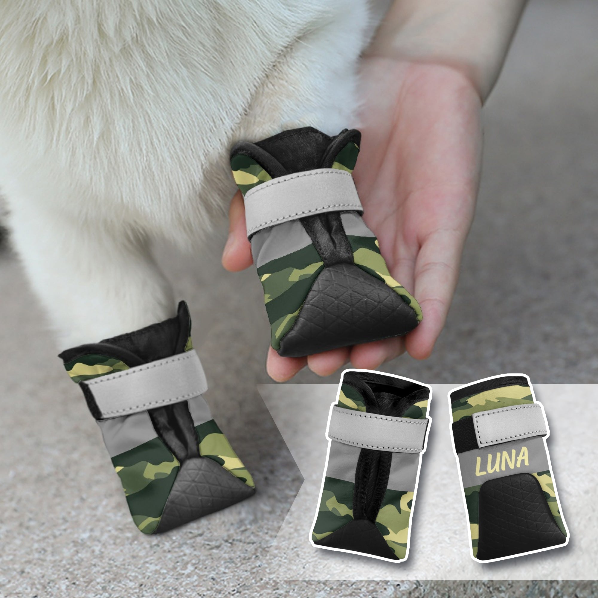 Personalizado Multicolor Camuflaje Diseño Antideslizante Zapatos de perro para pavimento caliente con nombre Accesorios al aire libre Regalo de cumpleaños para los dueños de perros