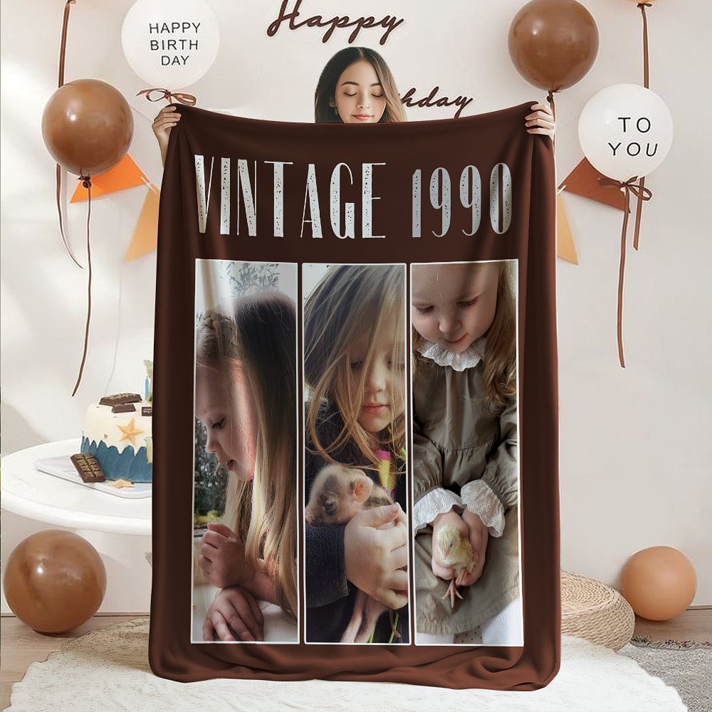 Película Retro Personalizada 1-4 Diseño de Fotos Manta Suave con Nombre y Año Decoración del Hogar Aniversario Cumpleaños Regalo para Familia Amigos