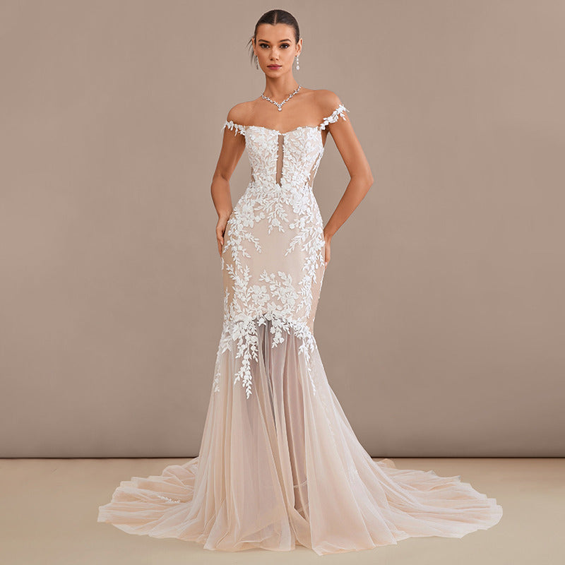 Bridal Wedding Dress Ivory-Nude Strapless Long Off the Shoulder Mermaid