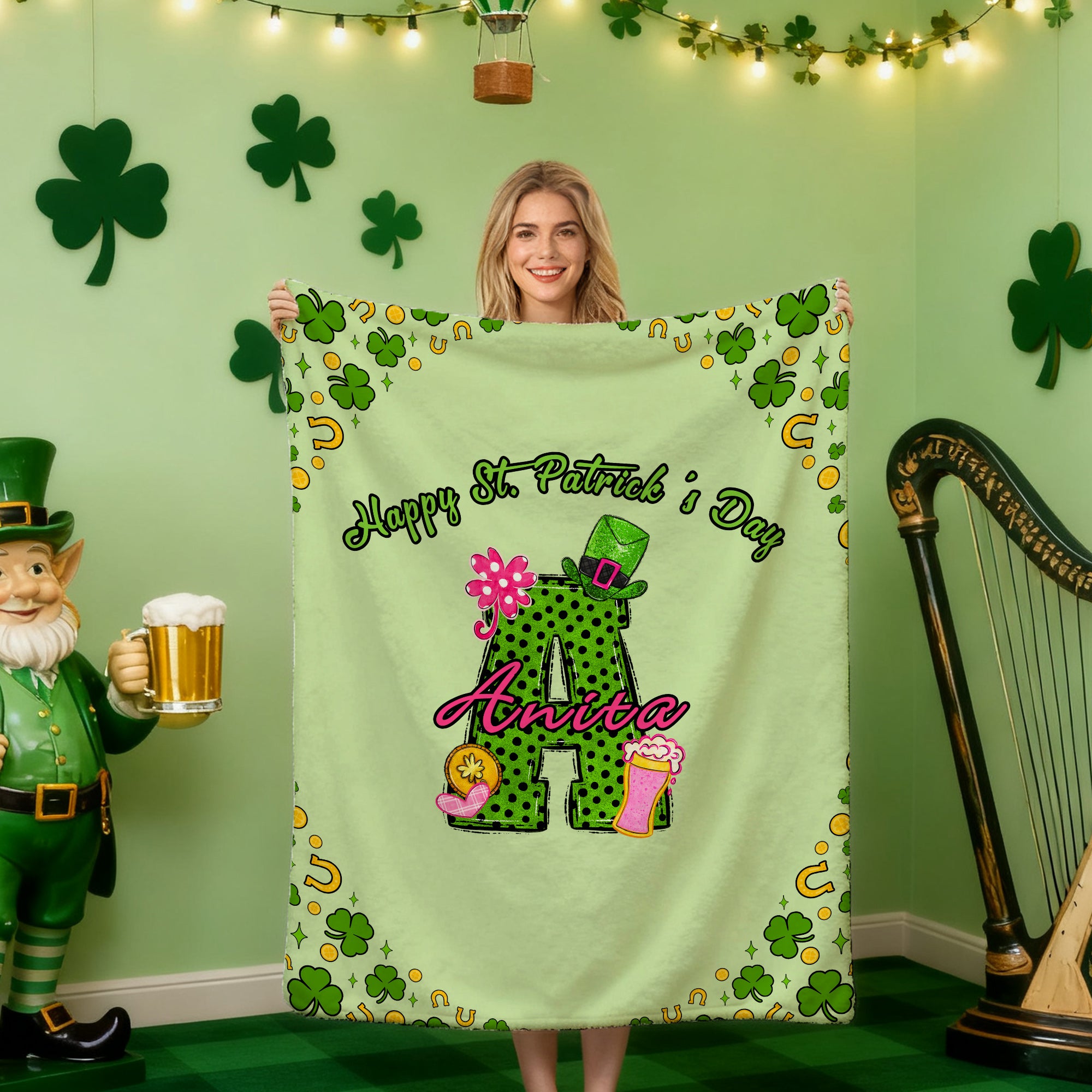 Manta suave personalizada con iniciales de trébol y nombre Decoración para el hogar Regalo del Día de San Patricio para la familia y los amigos