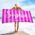 Toalla de playa personalizada con nombre y texto Palmera a rayas multicolor de gran tamaño y secado rápido Regalo de cumpleaños para un amigo o familiar