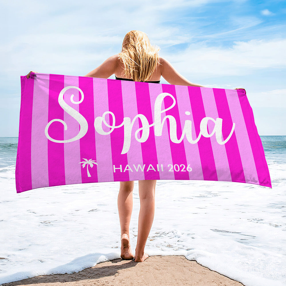 Toalla de playa personalizada con nombre y texto Palmera a rayas multicolor de gran tamaño y secado rápido Regalo de cumpleaños para un amigo o familiar