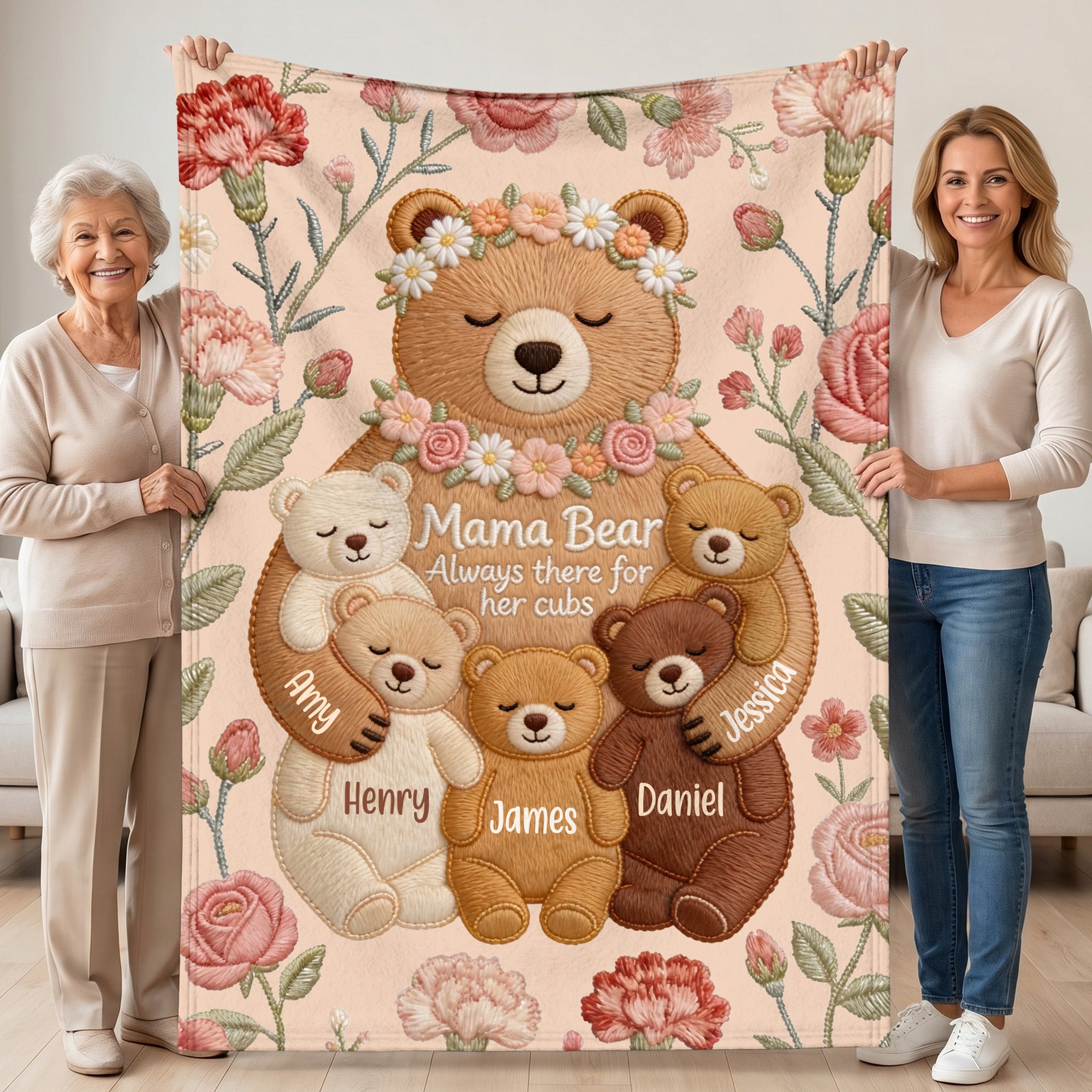 Personalizada Imitación Bordado Efecto 1-5 Mamá-Hijo Oso Abrazo Suave Manta con Nombre Decoración del Hogar Día de la Madre Cumpleaños Regalo para Mamá Abuela