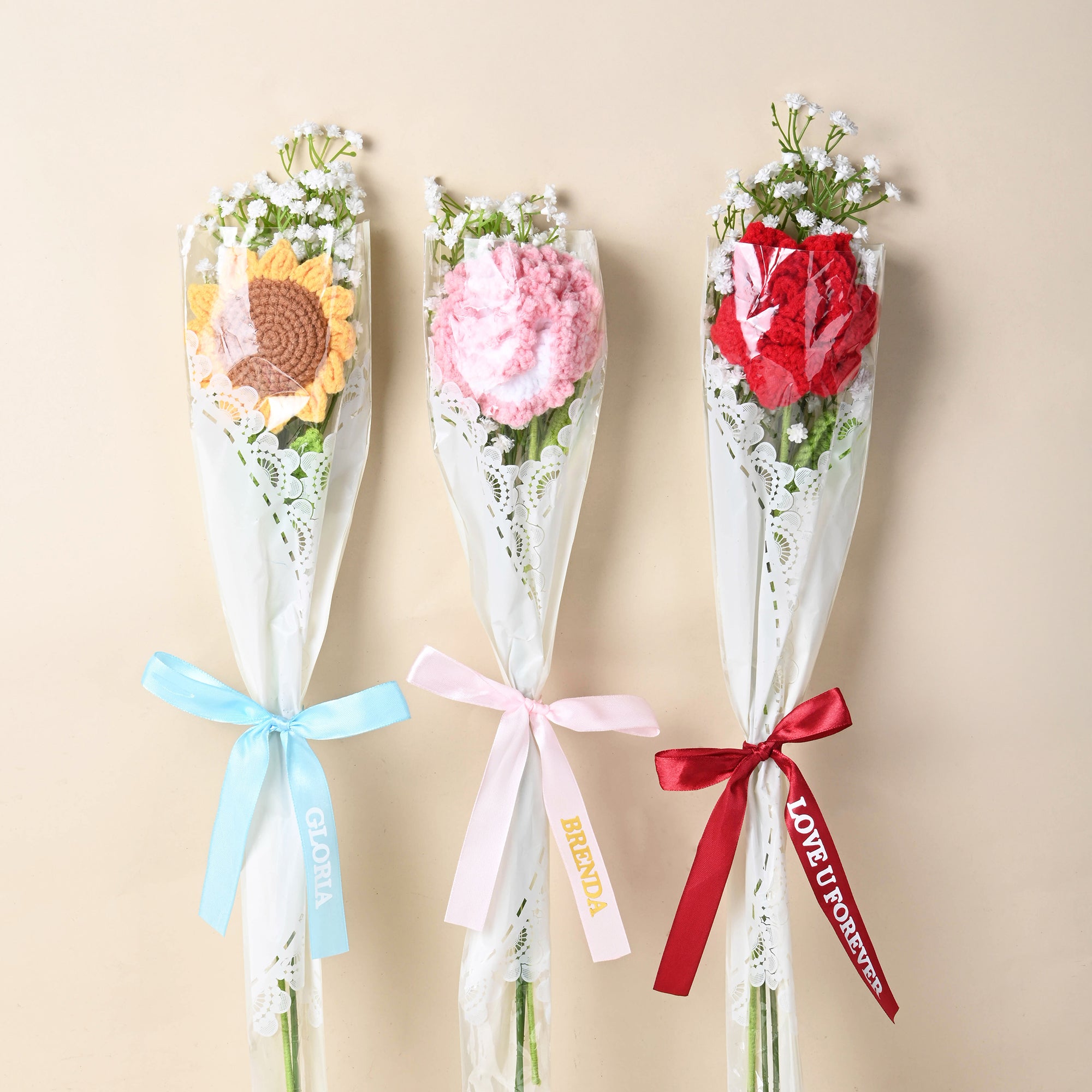 Personalizada Girasol Rosa Siempreviva Corchet Flores con Cinta de Texto Set de 3 Fiesta de Boda Favor Aniversario Regalo para Invitada de Novia
