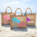 Palmera personalizada Bolsa de yute grande con nombre y texto Accesorios de viaje Cumpleaños Fiesta en la playa Regalo de boda para mujeres Damas de honor