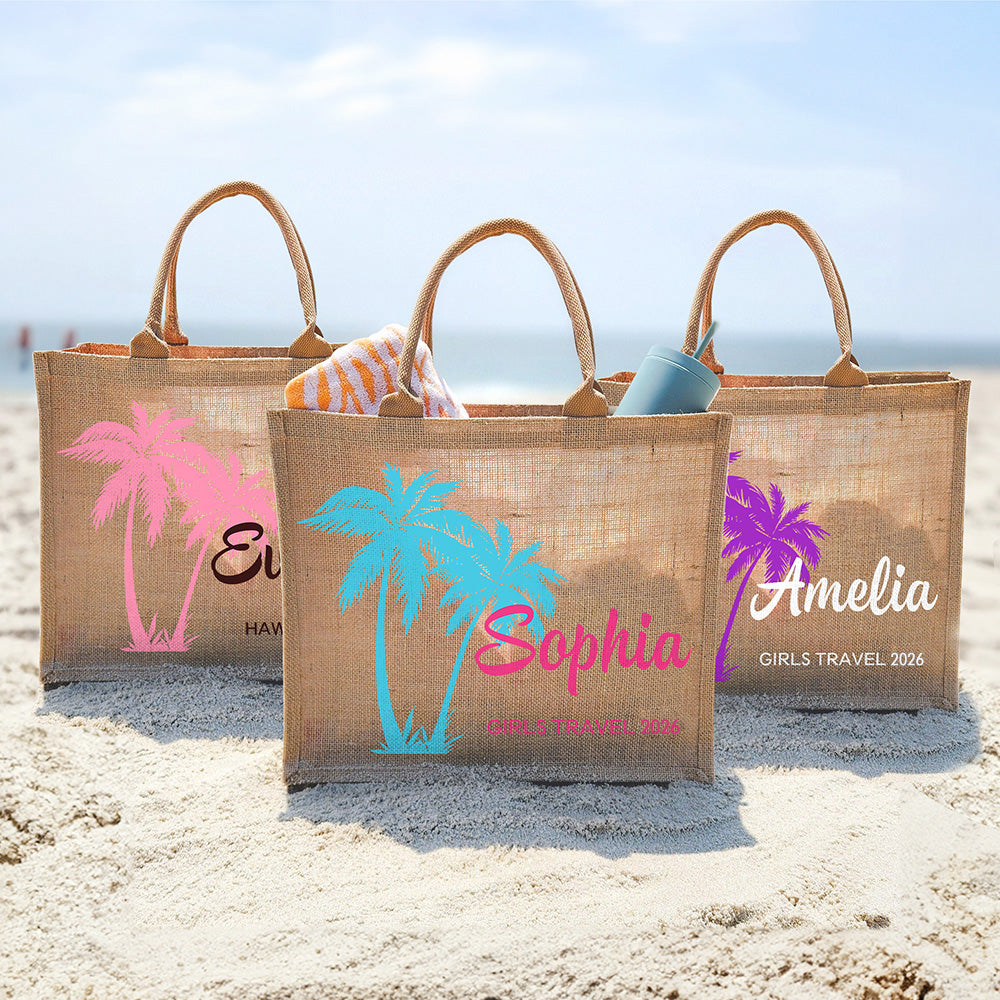 Palmera personalizada Bolsa de yute grande con nombre y texto Accesorios de viaje Cumpleaños Fiesta en la playa Regalo de boda para mujeres Damas de honor