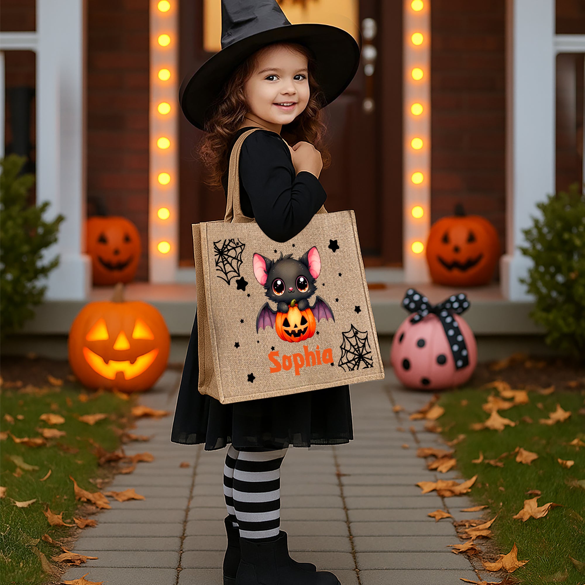 Bolsa de yute de Halloween personalizada con el nombre de un simpático murciélago de dibujos animados Fiesta de Halloween Regalo para niños Niñas