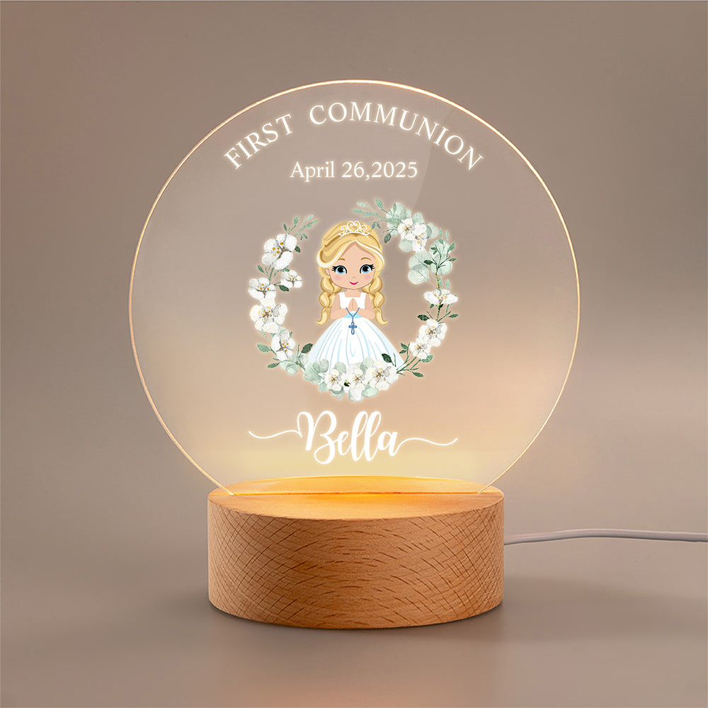 Guirnalda personalizada Dibujos animados Niña LED Luz de Noche con Base de Madera Nombre y Fecha Recuerdo de Primera Comunión Regalo de Bautizo para Ahijada Niña