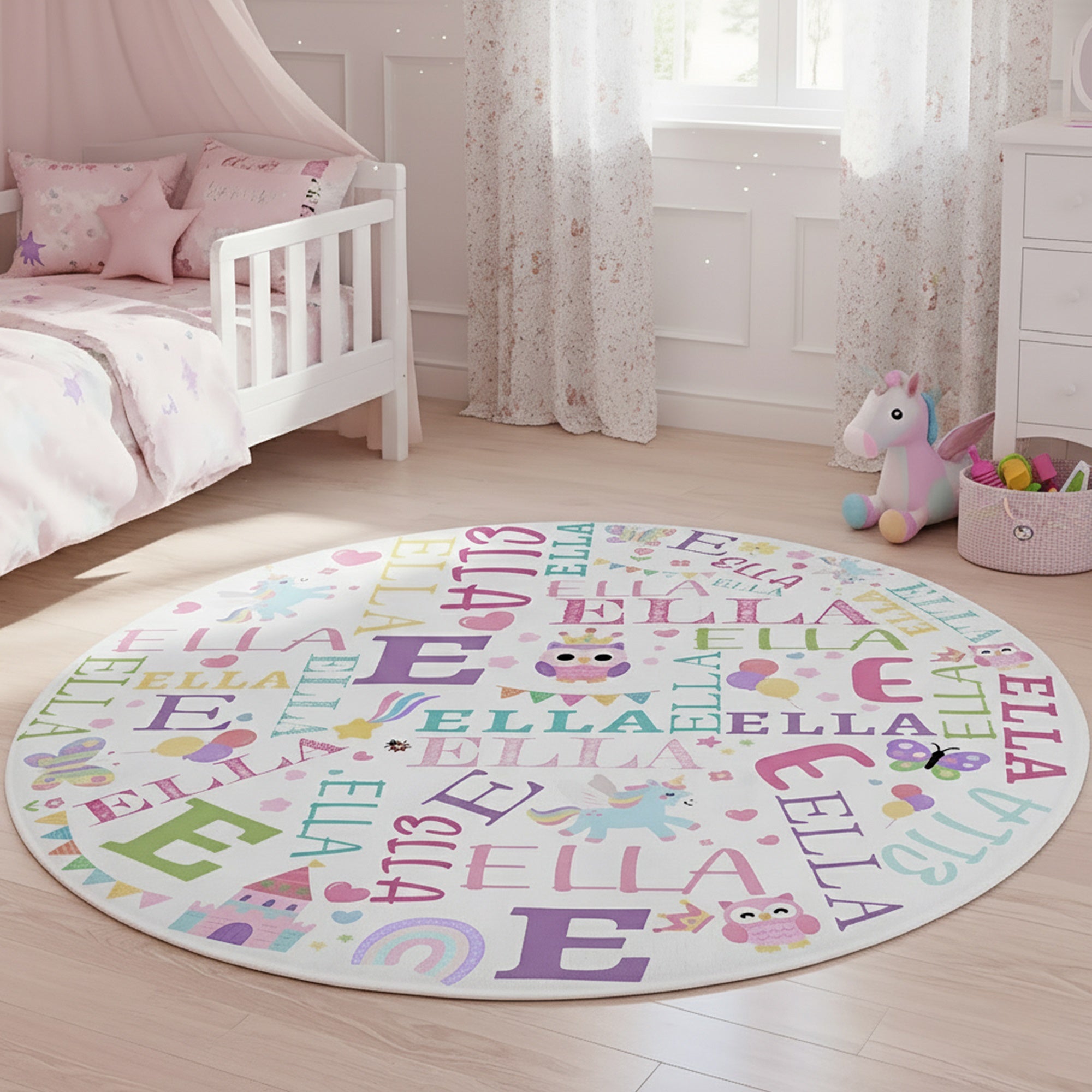Alfombrilla redonda personalizada con nombre e inicial de unicornio, cohete, dinosaurio y nube de palabras Regalo de cumpleaños para niños