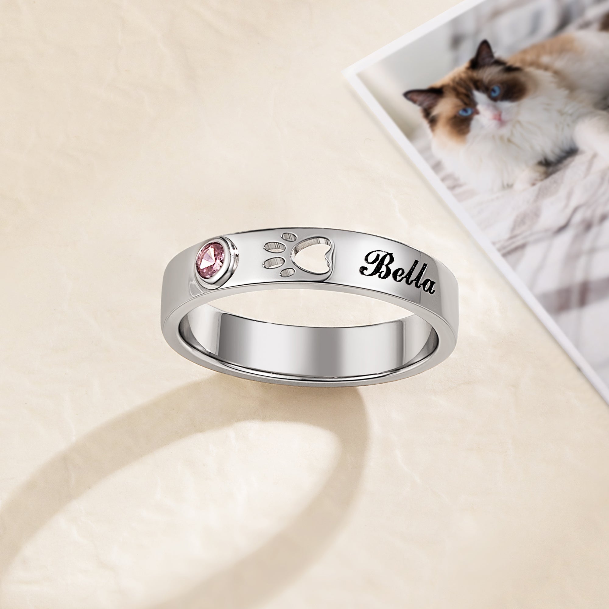 Anillo personalizado de plata de ley con huella piedra de nacimiento y nombre regalo de condolencia para dueños de gatos y perros