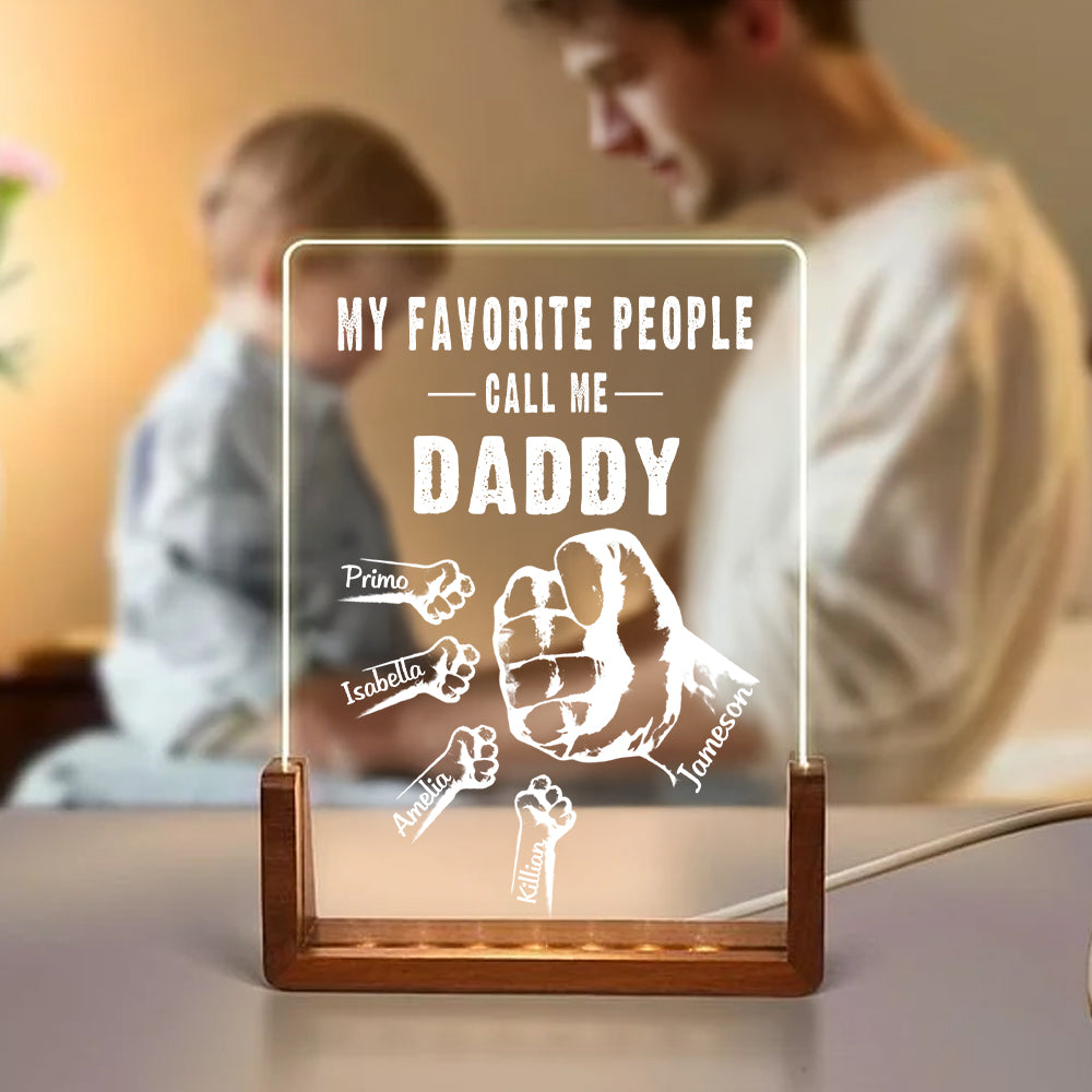 Lámpara de noche LED acrílica personalizada My Favorite People Fist Bump con base de madera y 1-16 nombres de niños Regalo de cumpleaños del Día del Padre para papá abuelo