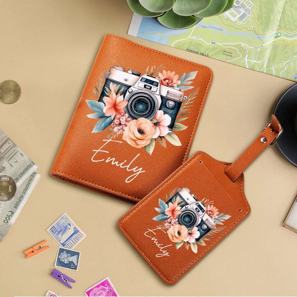Personalizada Floral Vintage Cámara de cuero Pasaporte Titular Etiqueta de equipaje con nombre Accesorios de viaje Regalo de cumpleaños para los amantes de los viajes Fotógrafos