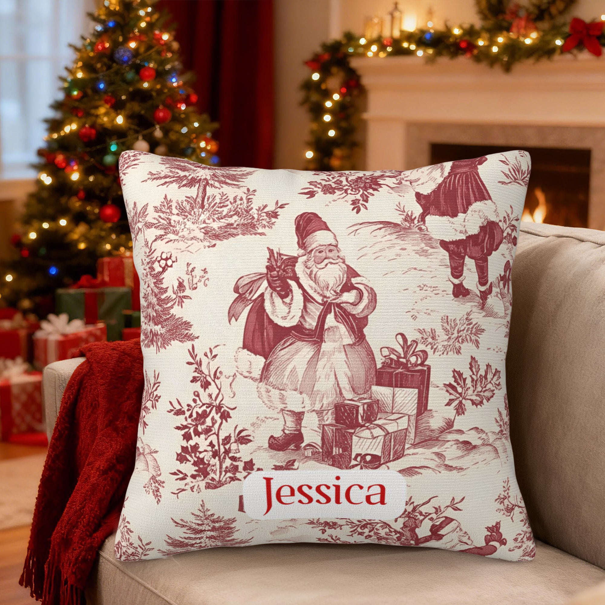Funda de almohada personalizada con el nombre de Papá Noel en rojo, decoración del hogar, regalo de Navidad para la familia y amigos