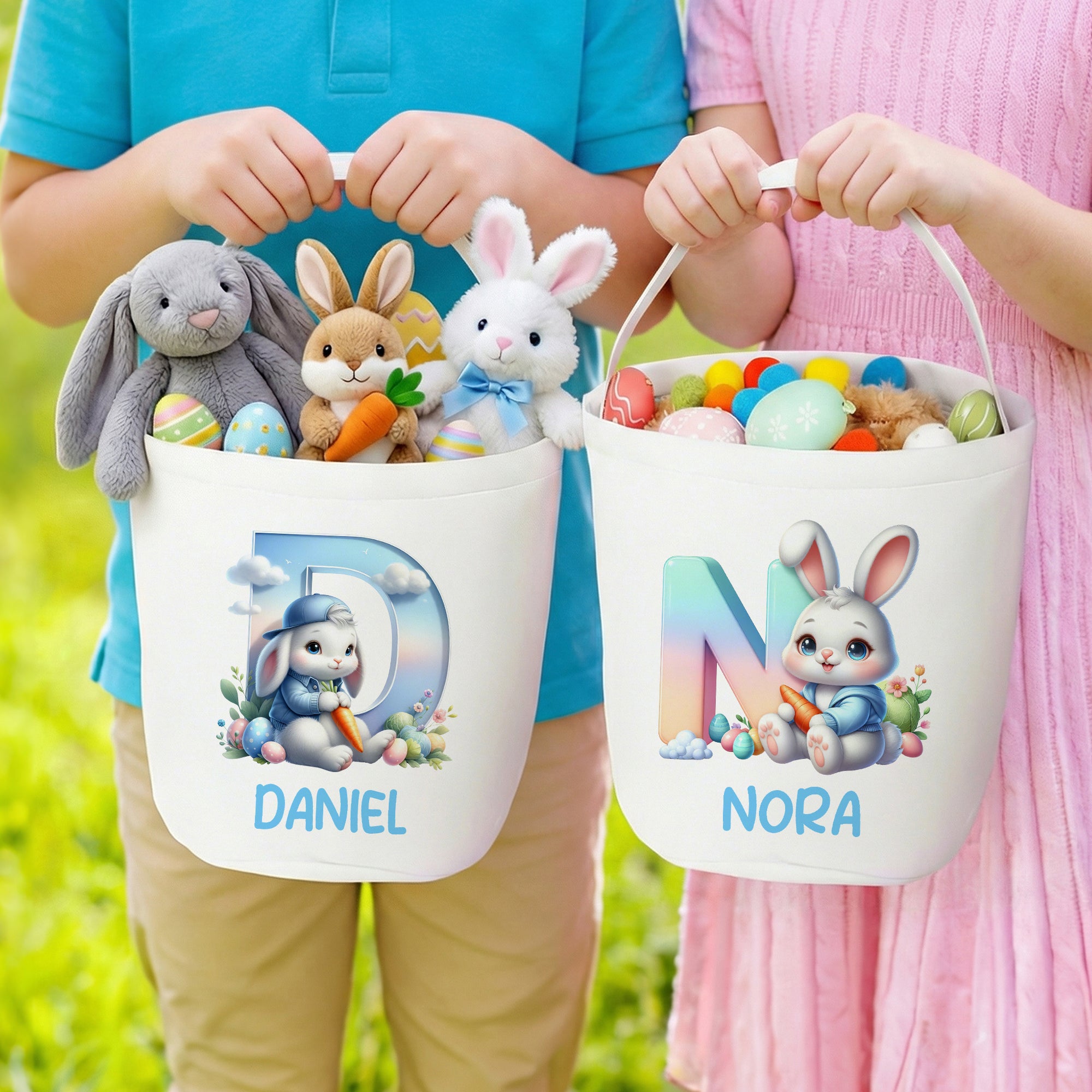 Conejito personalizado Nube de gran capacidad Cesta de Pascua de lona con nombre Huevos Fiesta de caza Día de Pascua Regalo para niños
