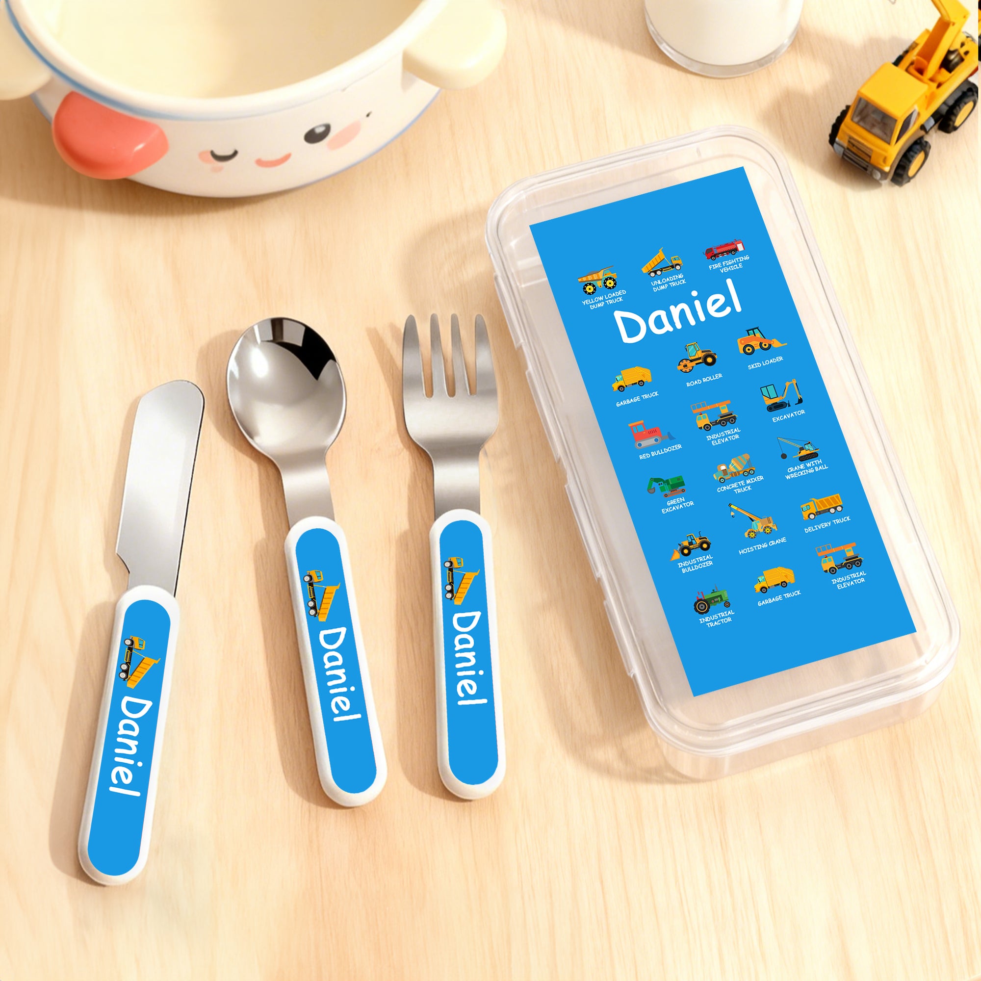 Juego de cubiertos personalizado multicolor de acero inoxidable para camiones de construcción Tenedor Cuchara Cuchillo 3 piezas con nombre y estuche Regalo de cumpleaños para niños Niñas