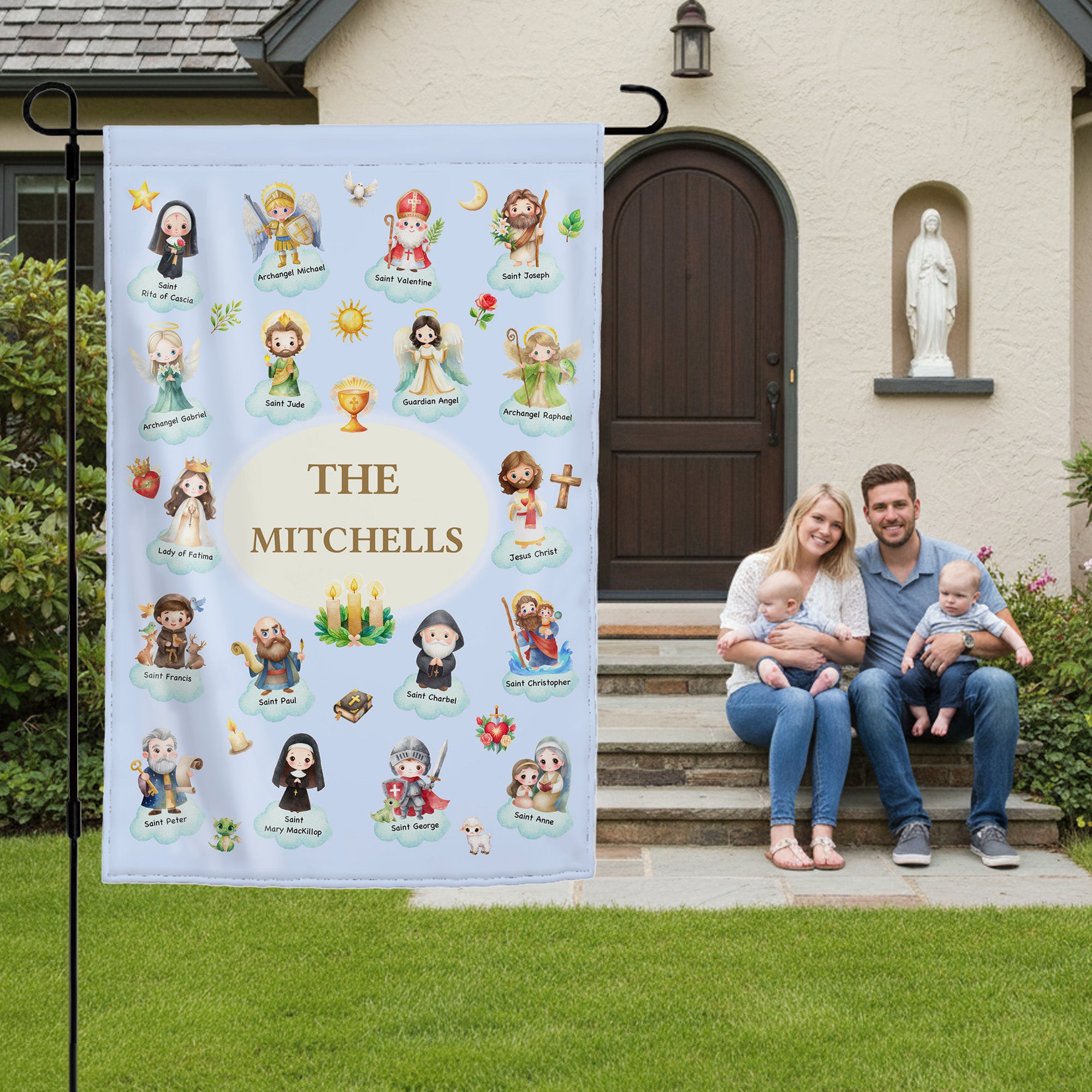 Personalizada de dibujos animados Santos del Cielo Guardian Garden Flag con nombre Yard Porch Decoración Cumpleaños Día de los Niños Regalo para Niños Cristianos