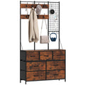 4-In-1 Hall Tree with Fabric Dresser, Industrial Coat Rack with 7 Drawers, 14 Hooks, Grid Panel, Coat Hanger Stand for Hallway, Entryway, Bedroom, Living Room, Rustic Brown