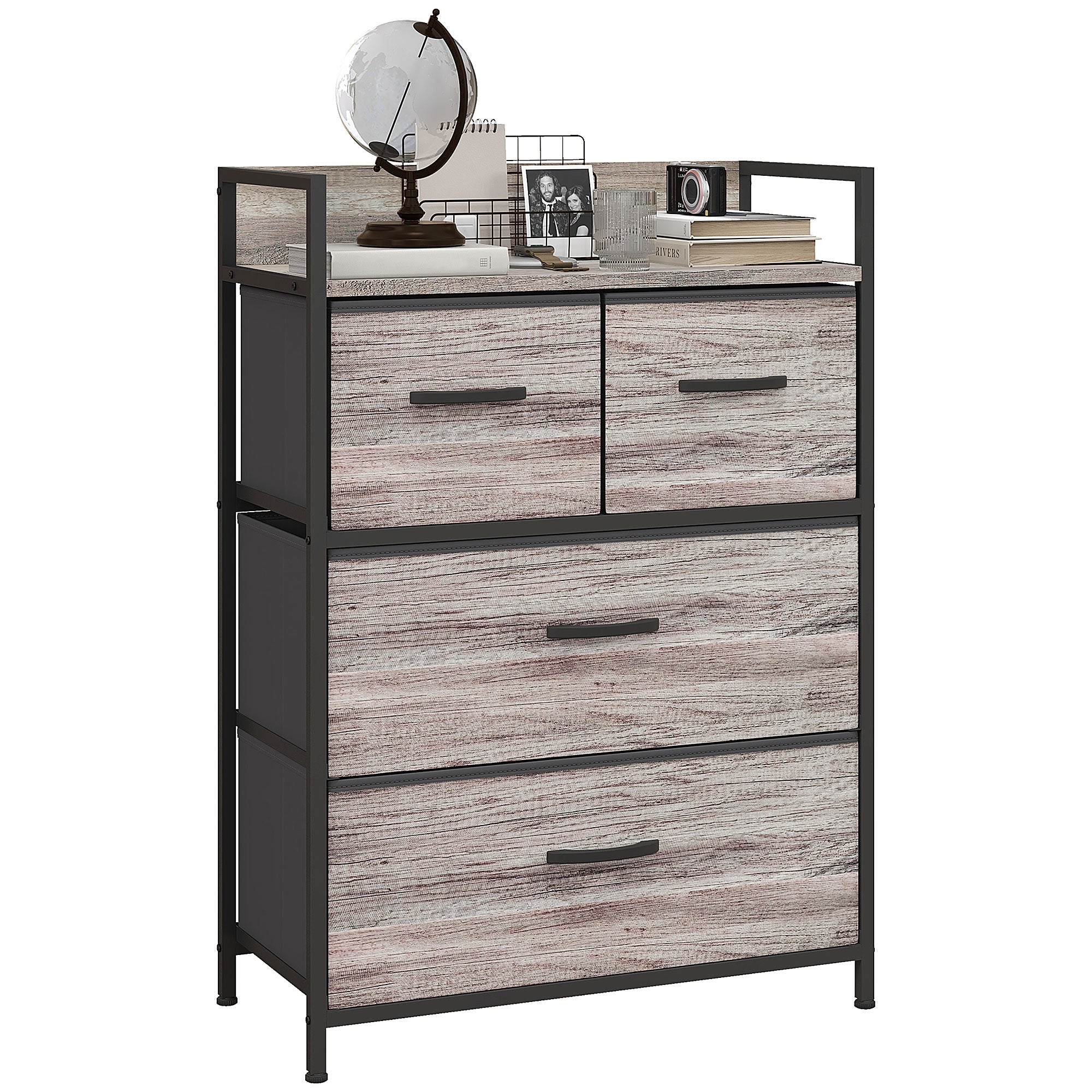 Bedroom Chest of Drawers, Fabric Dresser with 4 Drawers & Open Shelf , Grey Wood Effect