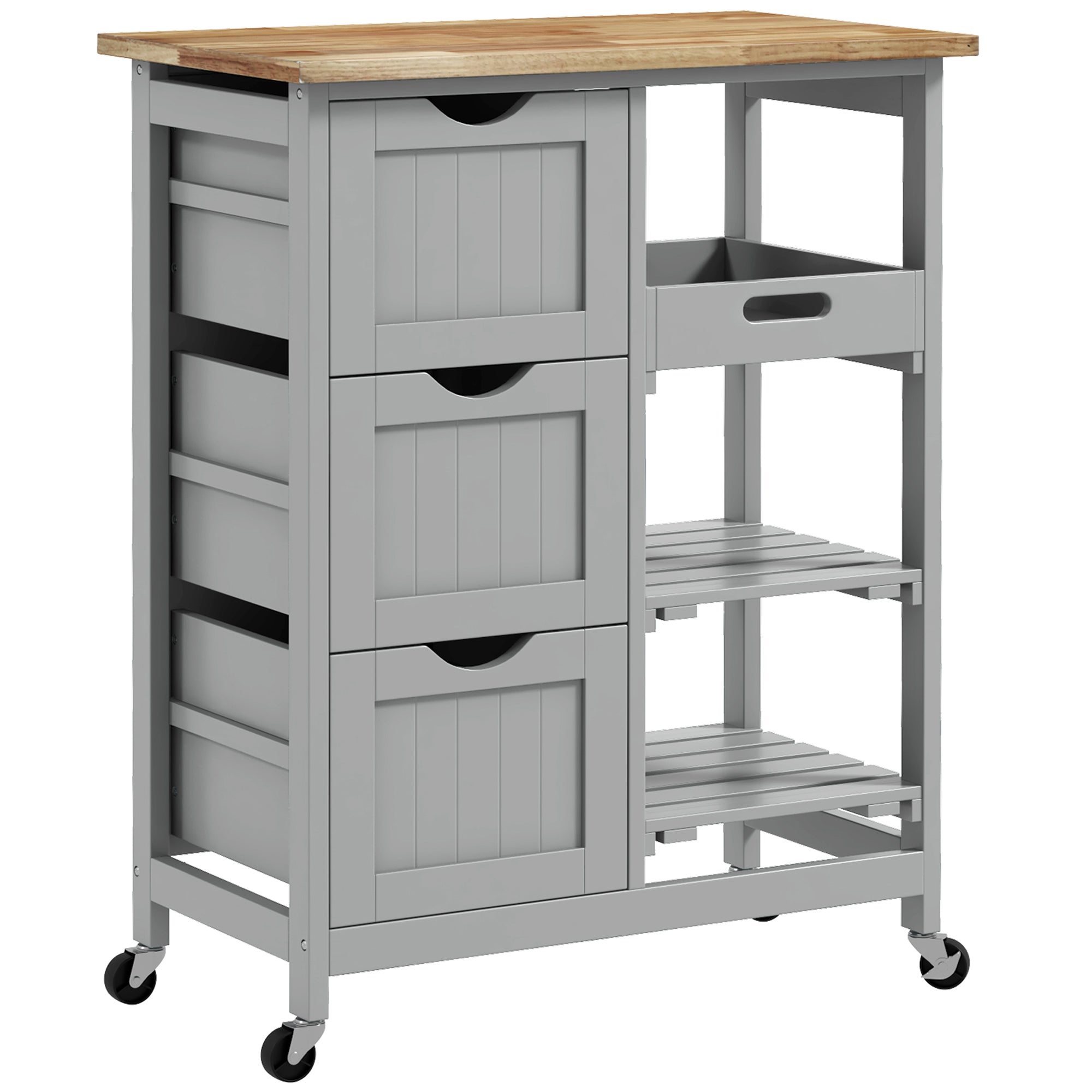 36" Rolling Kitchen Island Cart with Wood Top, Shelves & Drawers for Dining, Gray