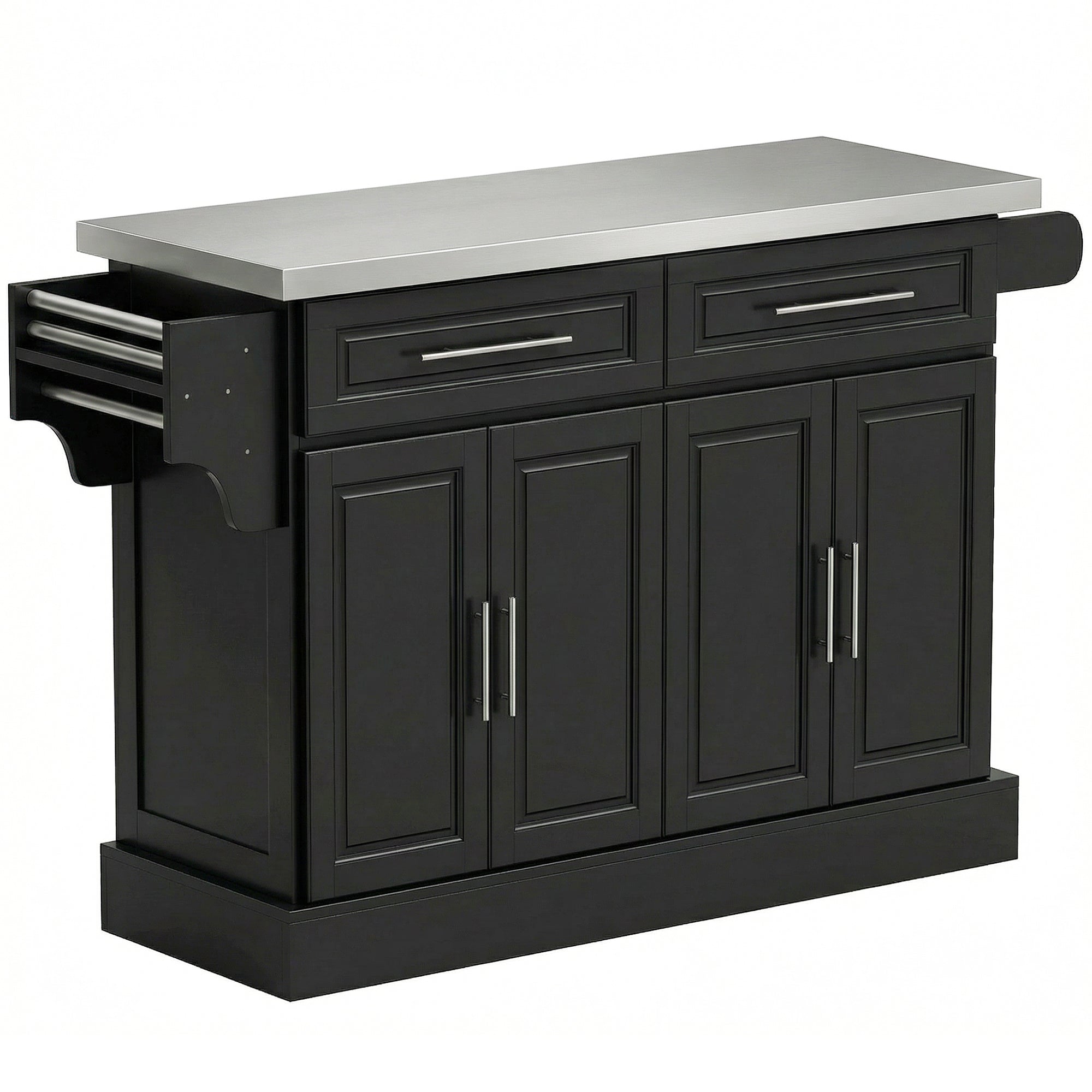 Rolling Kitchen Island with Storage Portable Cart with Stainless Steel Top 2 Drawers Black