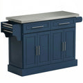 Rolling Kitchen Island with Stainless Steel Top 2 Drawers Spice Knife and Towel Rack Navy