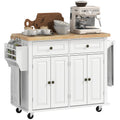 GlideSpace 44"W Butcher Block Cart, Movable Kitchen Island with Cabinets, White
