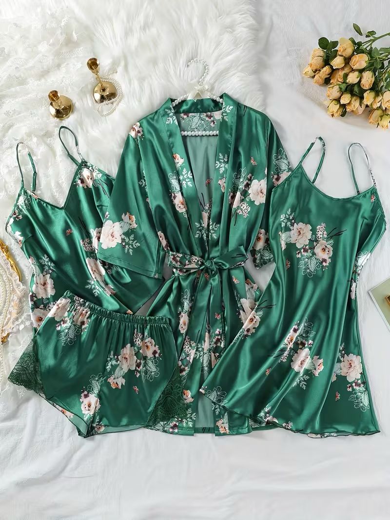 PIJAMA SATÉN 4 PIEZAS-VERDE – JARDIN POÉTIQUE