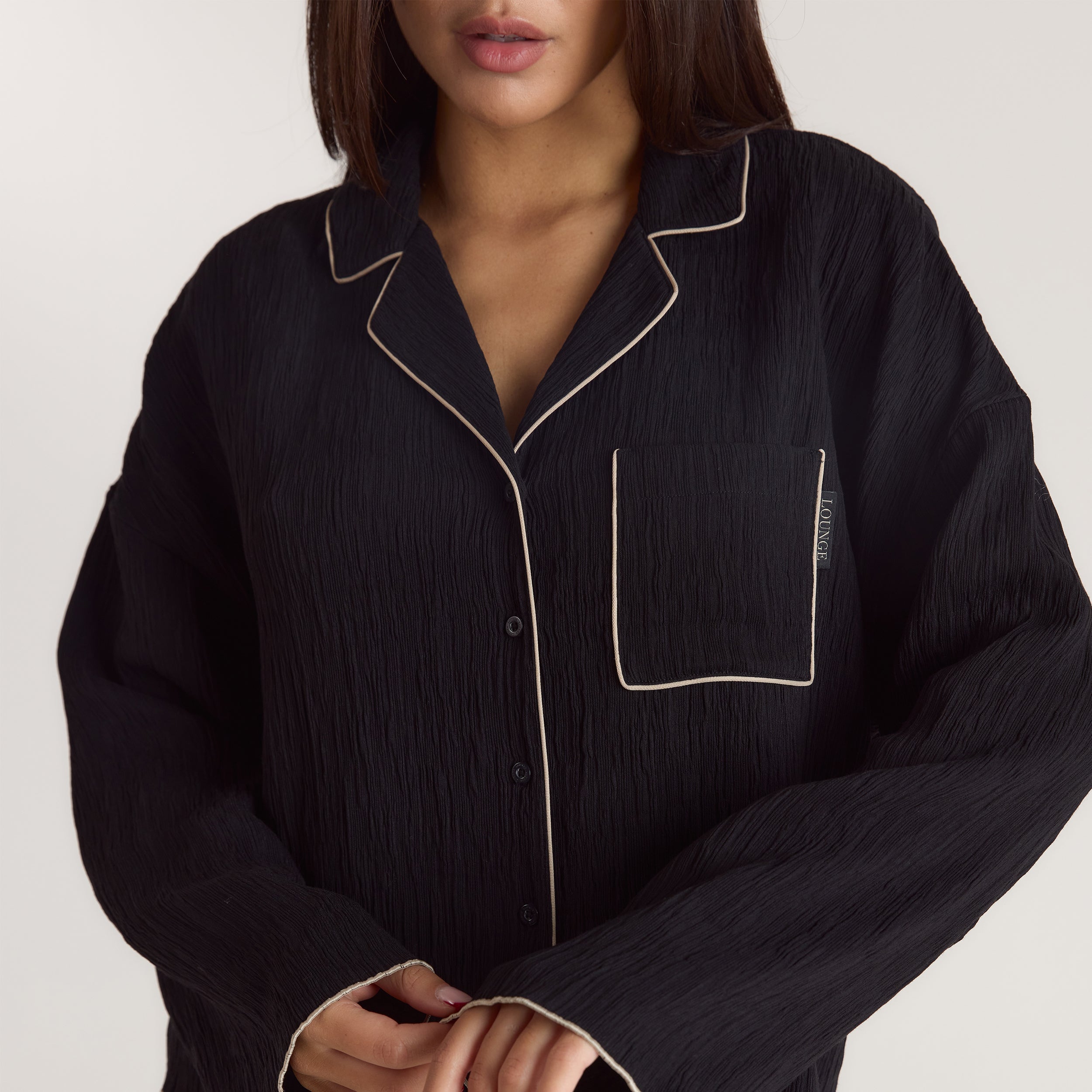 Lounge Underwear Crinkle Pyjama Shirt - Black