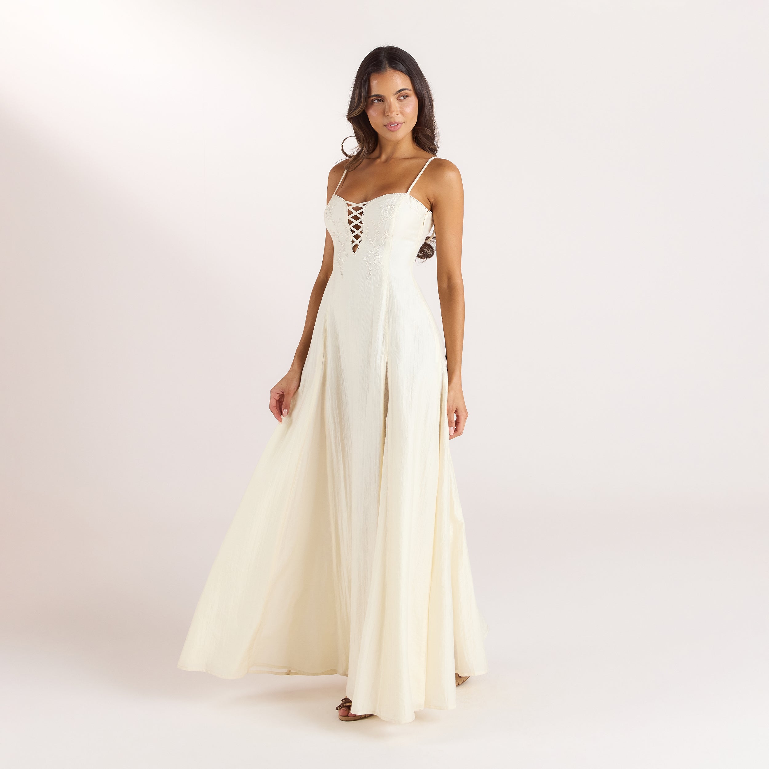 Lounge Underwear Embroidered Lace-Up Maxi Dress - Buttercream