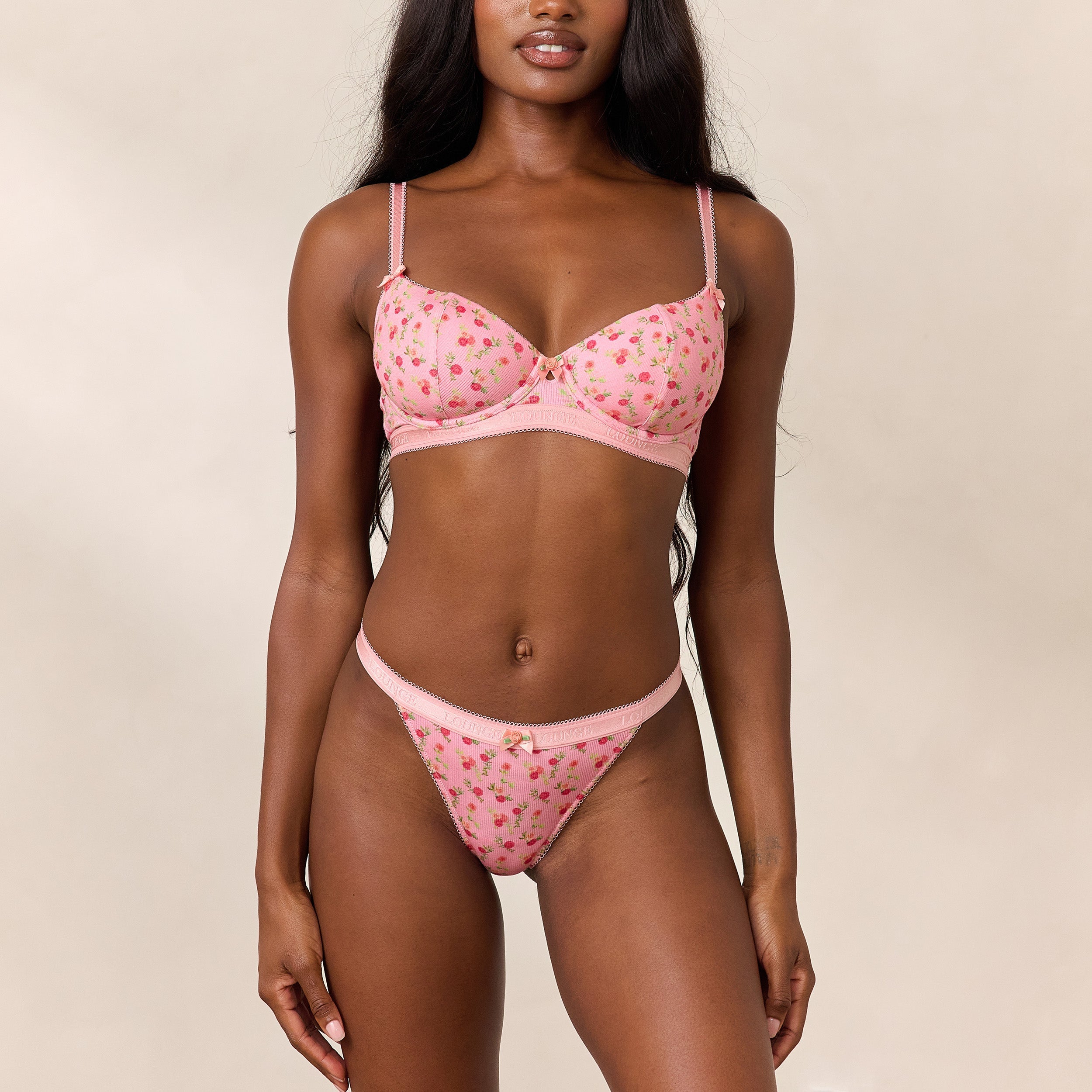 Lounge Underwear Rosebud Ribbed Balcony Bra  - Pink Floral