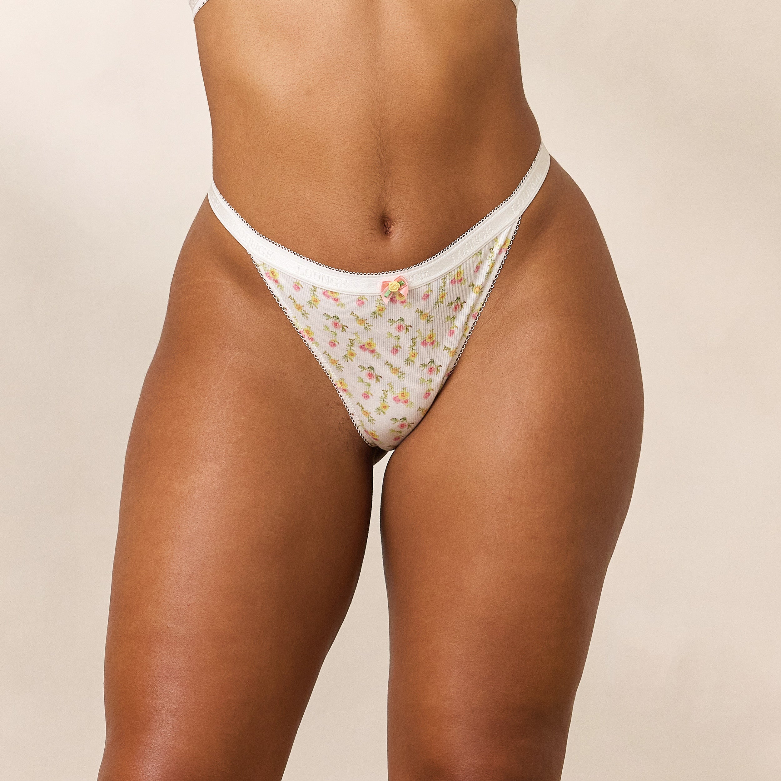 Lounge Underwear Rosebud Ribbed Thong - White Floral