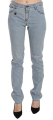 Women's Light Blue Mid Waist Skinny Denim Jeans Cotton Clothing
