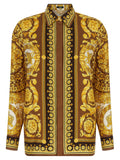 Versace Barocco-Print Silk Twill Shirt — Brown