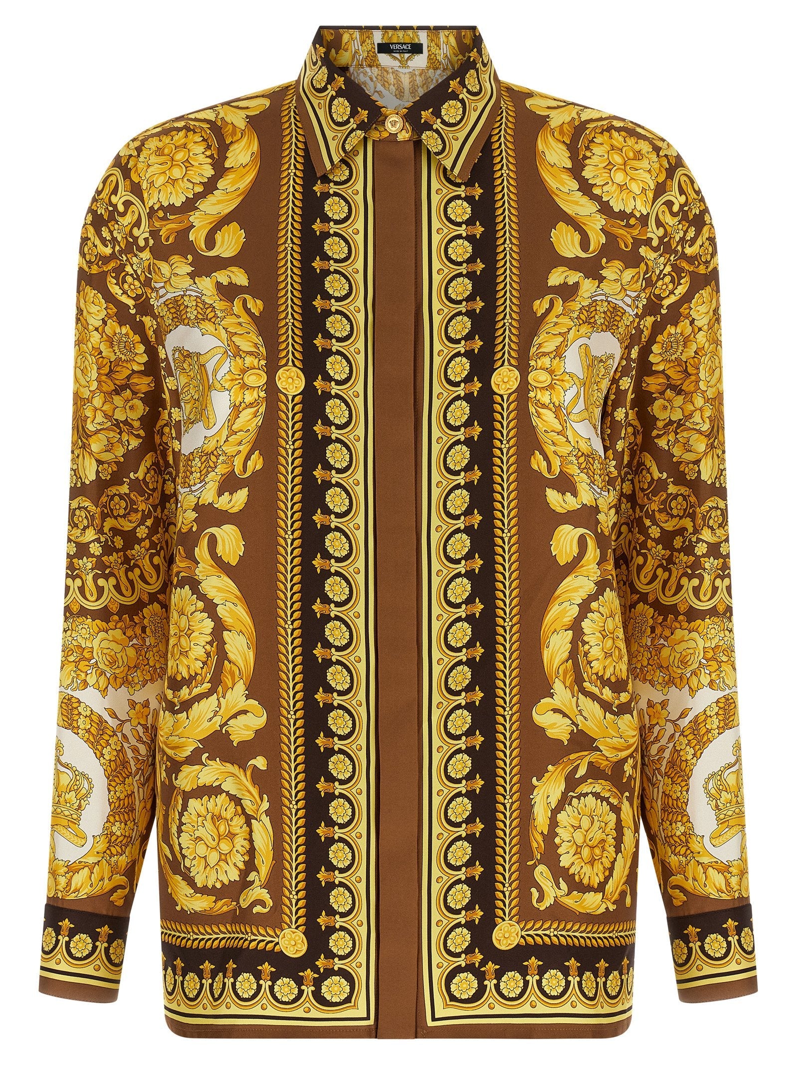Versace Barocco-Print Silk Twill Shirt — Brown