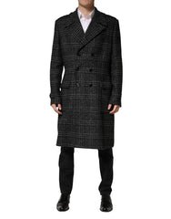 Men's Grey Double Breasted Plaid Wool Coat Jacket Nylon Acrylic Polyester Clothing