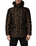Men's Black Floral Jacquard Quilted Hooded Jacket Polyester Clothing