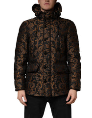 Men's Black Floral Jacquard Quilted Hooded Jacket Polyester Clothing