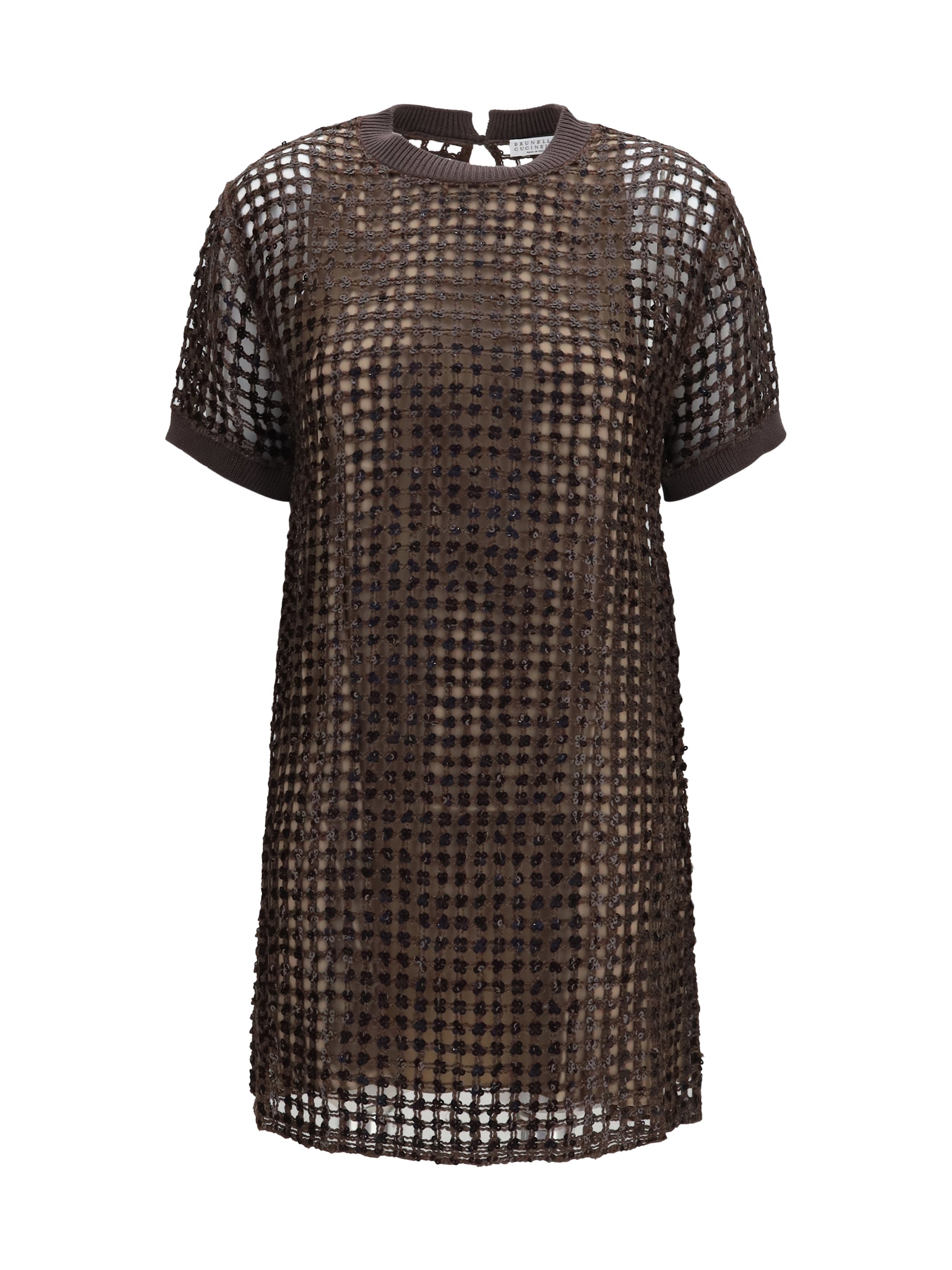 Brunello Cucinelli Sequin Mesh Dress — Brown