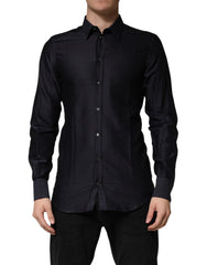 Men's Black Dotted Cotton Collared Gold Dress Shirt
