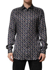 Multicolor Patterned Collared Gold Men Dress Shirt Silk