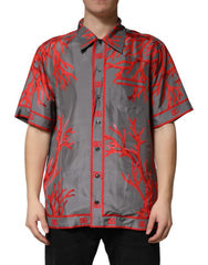 Men's Gray Red Corals Short Sleeves Casual Shirt Silk